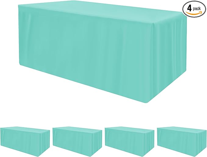 HolidayIdeas Fitted Tablecloths for 6 Foot Rectangle Table, Full Coverage Table Covers 30x72 Inch for Vendor Booth Display, Banquet, Trade Show, Aqua, 4 Pcs
