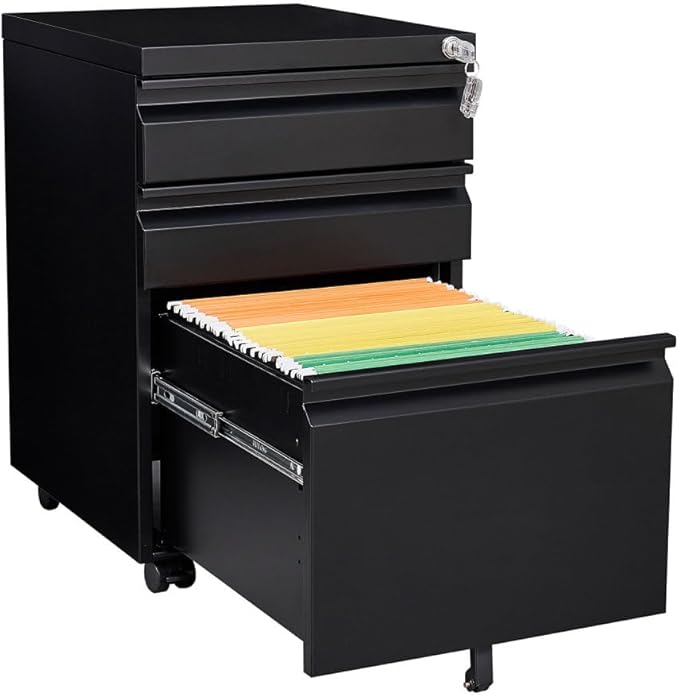 Lispin 3-Drawer Mobile Filing Cabinet with Lock, Office Storage Filing Cabinet of Legal/Letter Size, to be Installation Required (Black + Metal)