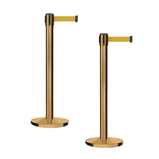 Montour Line MI650 Set of 2 Retractable Belt Barrier Stanchion, Cast Iron Base, Satin Brass Post (16 ft Yellow Belt)