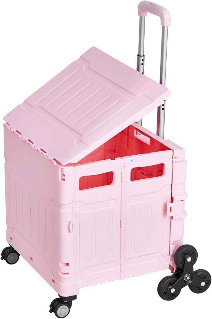 VEVOR Foldable Utility Cart, 65L Collapsible Portable Crate Rolling Cart with Stair Climbing Wheels & 360° Swivel Wheels, Hand Cart with Telescoping Handle for Shopping Office Moving Teacher, Pink