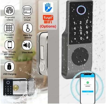 smart latch double gate lock, electronic gate latch for outdoor fence, waterproof keyless smart rim lock, electric double sided keypad locks, Fingerprint, Passcode, Key, IC Card, Tuya App