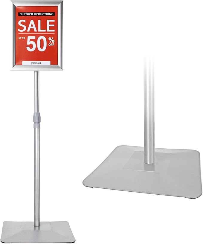 Adjustable Sign Stand for Display, with Upgraded Iron Base, Pedestal Floor Signage Stand Holder for Outdoor or Indoor Advertising (8.5 x 11, Silver)