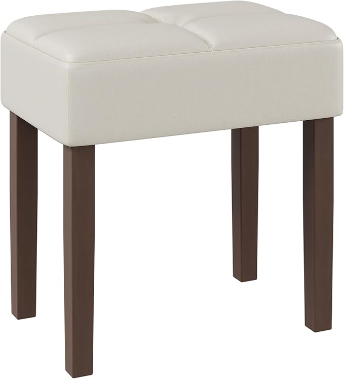 Leather Vanity Stool, 18.7 Inch Wide Rectangle Ottoman Bench for Makeup Room, Vanity Chair with Wood Legs for Piano Room, Bedroom,Living Room with Customizable (Cream)