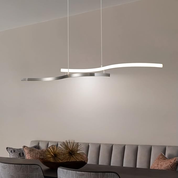 EDISLIVE Modern Wave LED Island Light, 40" Linear Stepless Dimmable Pendant Light Kitchen Island Adjustable Height Ceiling Pendant Nickel