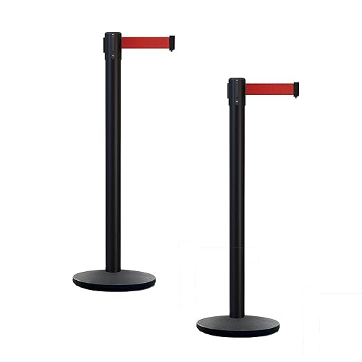 Montour Line MI650 Set of 2 Retractable Belt Barrier Stanchion, Cast Iron Base, Black Powder Coated Steel Post (16 ft Red Belt)