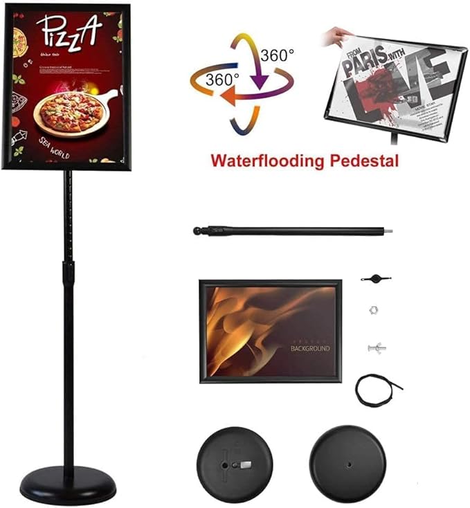 GUOHONG Sign Holder Aluminum Poster Stand ,Adjustable Stand Height, Poster Frame Revolvable To Either Horizontal or Vertical View Display, Round Base (11x17 inches)