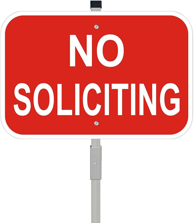 No Soliciting Sign with Stake, 12" x 8" Heavy Duty Aluminum Signs & 28" Long Aluminum Alloy Stakes, Red No Soliciting Sign for House, Home Yard Decor