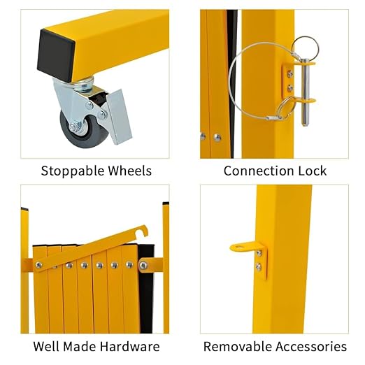 GYMTIME Expandable Metal Barricade, Portable Safety Traffic Barrier with Casters, Mobile Driveway Gate, Adjustable Security Fence, 11 Feet, Yellow and Black