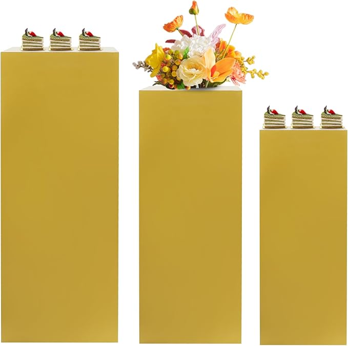 OUKANING 3 PCS Metal Display Pedestal Stands, Square Gold Display Stands Pillars, Decoration Cube Sculpture Display Column for Wedding Party Baby Shower Birthday, H31.49'', 25.59'', 23.62''