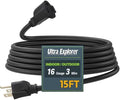 15 Ft Indoor Outdoor Black Extension Cord, 16/3 SJTW Heavy Duty Water-Resistant, 3 Prong Grounded Plug Power Cord for Home Appliance, Lights and Lawn, 13A 1625W, UL Listed