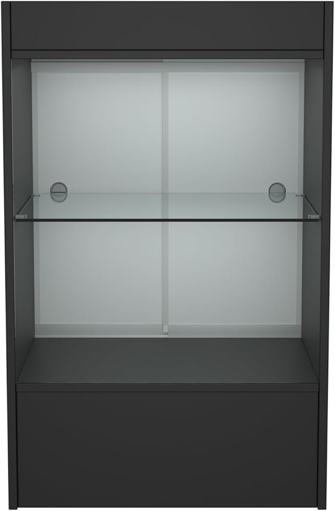 24”W * 18”D * 38”H - Cash Register Stand， Black Cash Wrap Checkout Desk，Counter Stand with Glass Display Cabinet for Retail