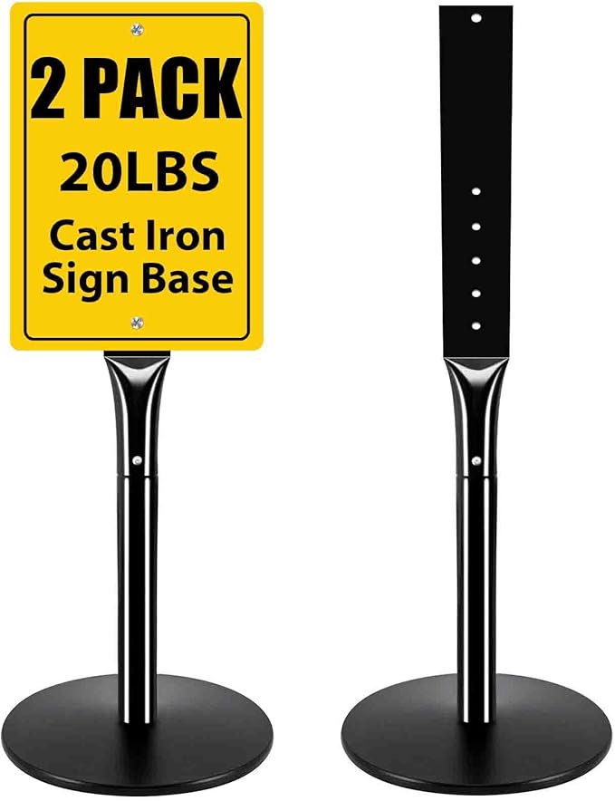 Heavy Duty Cast Iron Sign Post With 12" Diameter Bottom Round Base, 48" Movable Stand for Hanging Signs, 2-Pack