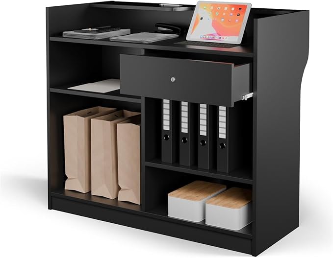 Free-Standing Black Melamine Register Stand, with Adjustable Shelves, Pull-Out Drawer, and Check Writing Area