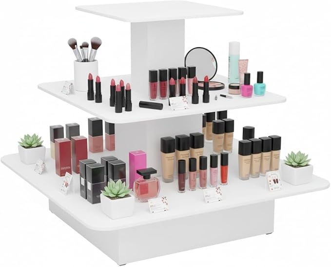 WISDOMFUR 3-Tier Square Retail Display Table – 48" x 48" x 42" White Merchandising Fixture with Multi-Level Shelving for Stores & Boutiques