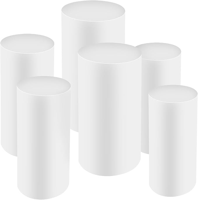 OUKANING 6 PCS Metal Display Pedestal Stands, White Cylinder Display Stands Pillars, Decoration Cube Sculpture Display Column for Wedding Party Baby Shower Birthday, H27.56'', 26'', 23.62''