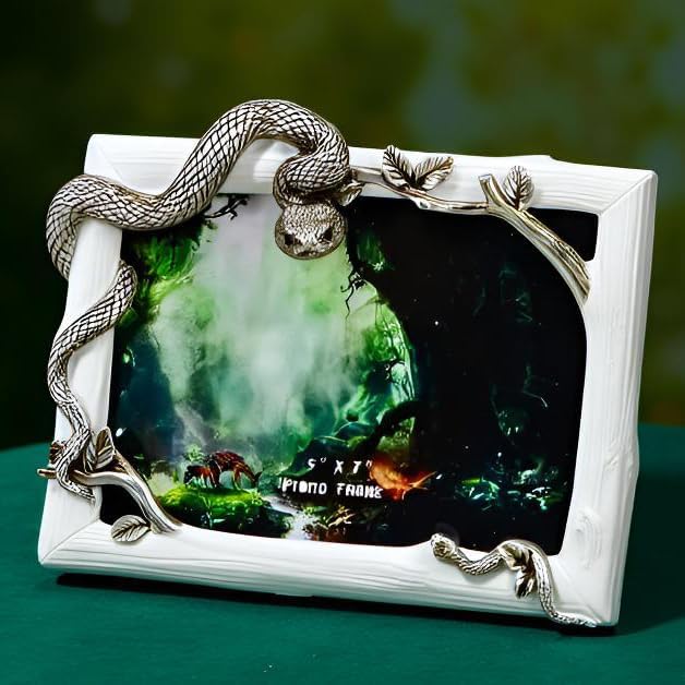 Decorative Snake Resin Picture Frame - 5x7 Inch Tabletop Photo Display with Mother & Baby Snake Design, Silver Wildlife Home Decor Art