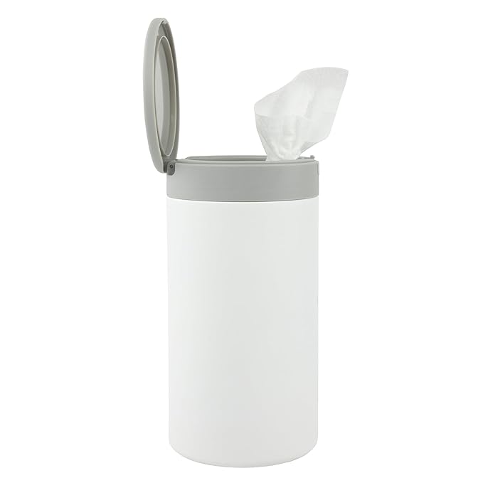 Spectrum Disinfecting Wipes Container White Refillable Stainless Steel Wipe Holder for Bathroom Kitchen School Classroom, Reuseable Push Button Wet Wipe Dispenser for Disinfect Cleaning Countertop