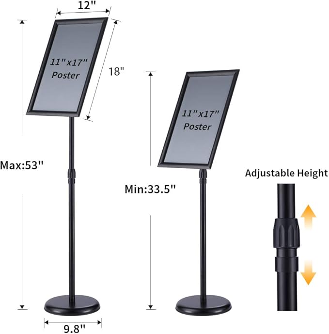 Heavy Duty Adjustable Pedestal Poster Sign Stand, 11x17 Aluminum Open Floor Standing Sign Holder for Vertical and Horizontal View Display. (2 Pack, Black)