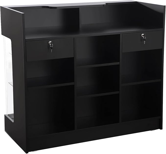 48" W x 22" D x 42" H - Tempered Glass Retail Display Case, Black Reception Desk, Retail Checkout Counter with Lockable Drawers, Suitable for Offices, Retail Stores and Boutiques