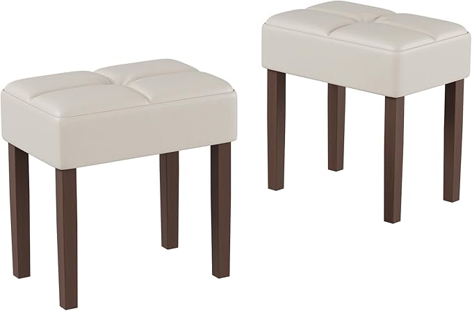 Two Leather Vanity Stool, 18.7 Inch Wide Rectangle Ottoman Bench for Makeup Room, A Set Vanity Chair with Wood Legs for Piano Room, Bedroom,Living Room with Customizable (Cream)