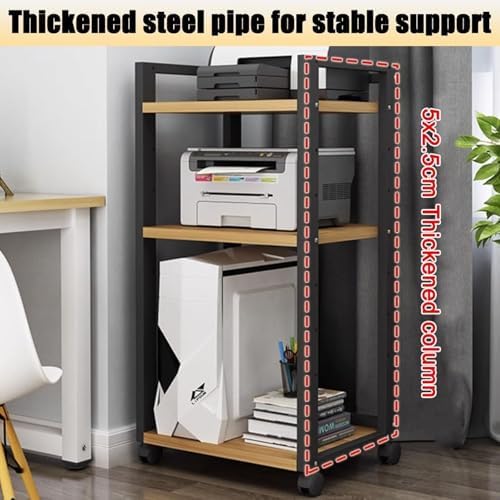 Adjustable 3-Tier Printer Stand, Heavy Duty Under Desk Printer Cart with Storage Shelf, AV Media Stand for Home Office, White & Light Walnut Finish, Multi-Functional, Durable Design