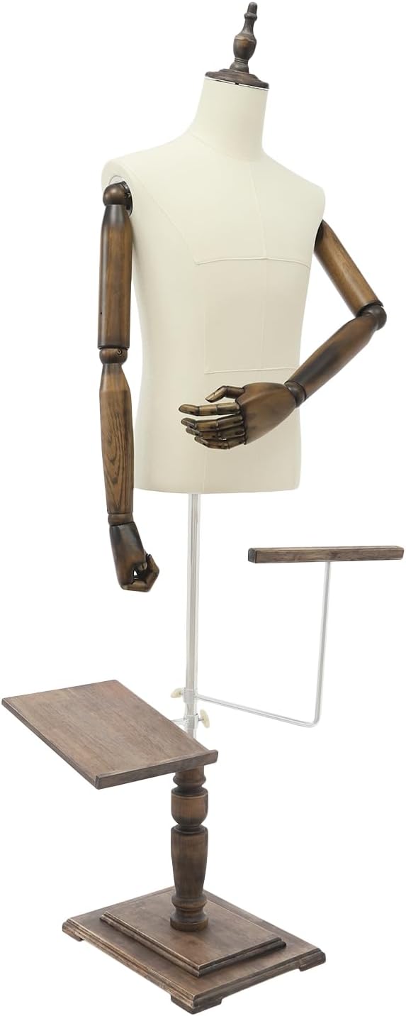 Male Clothing Display Racks, Height Adjustable Clothing Store Clothing Props with Stand and Solid Wood Arm, Male Mannequin Torso for Market Shop Window Display (Beige)