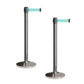 Crowd Control Warehouse CCW Set of 2 Retractable Belt Barriers Stanchion, Polished Stainless Steel Post, RBB-100 (11 Foot Belt, Light Green Belt)