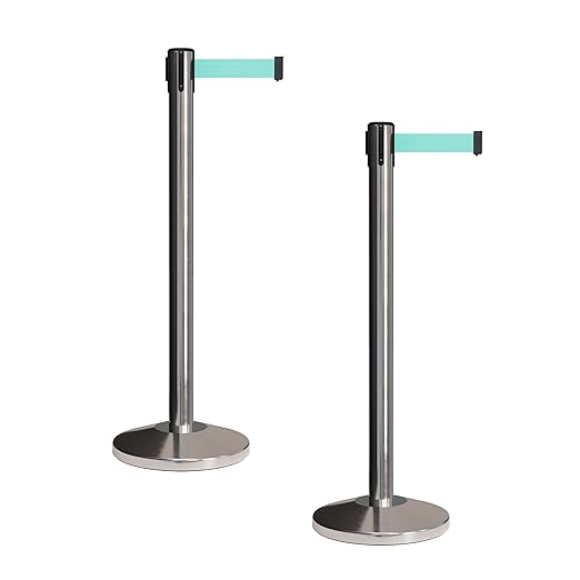 Crowd Control Warehouse CCW Set of 2 Retractable Belt Barriers Stanchion, Polished Stainless Steel Post, RBB-100 (7.5 Foot Belt, Light Green Belt)