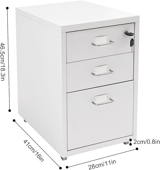 3 Drawer Metal Storage Cabinet Mobile File Cabinet with Lock Under Desk Office Storage Cabinet for Office & Home Fits Letter/Standard Sizes(White)