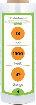 PSBM Stretch Wrap, 4 Pack, 18 Inch x 1500 Feet, 90 Gauge, Clear Plastic Cling, Cast Hand Stretch Film Rolls for Packaging Moving Packing Pallets