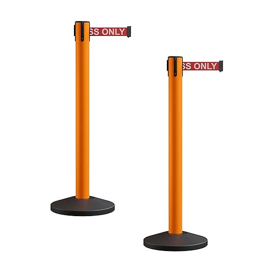 Crowd Control Warehouse CCW Series RBB-150 - Set of 2 Stanchion Retractable Belt Barriers - 16 Foot, Red"Authorized Access ONLY" White Letters Belt with Orange Post - Easy Assembly