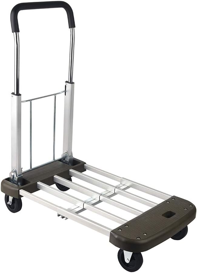 LEADALLWAY Platform Cart Foldable Push Cart Aluminum Adjustable Length Flatbed Cart with Polyurethane Mute Wheel,330-LB Capacity(with 2 Ropes)