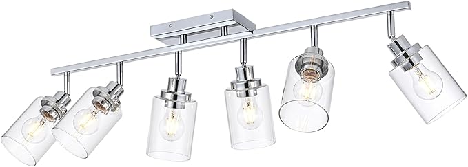 6-Light Track Lighting Kit Ceiling Kitchen Track Lighting Fixtures Chrome Bathroom Vanity Wall Lights with Clear Glass Multi-Directional Rotating Tracking Light Heads Spotlight for Accent Shop