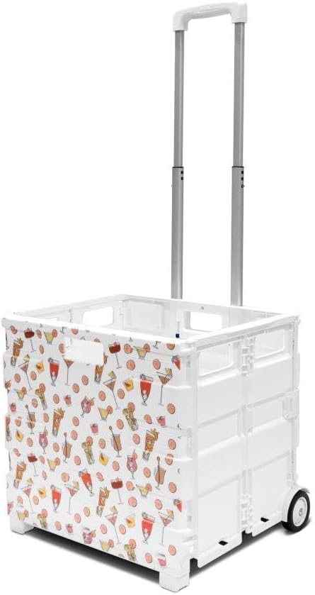 Inspired Living Ultra-Slim Rolling Collapsible Storage Pack-N-Roll Utility-carts, with Telescopic Handle, for Home, Garden, Shopping, Office, School use, Large, White, Cocktail Print