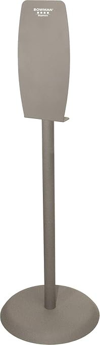 Hand Sanitizer Floor Stand; Self-righting Base, Bay Gray Powder-Coated Steel Made; in The USA (Back Plate) Made in China (Column and Base); 18.00" L x 18.00" W x 54.73" H