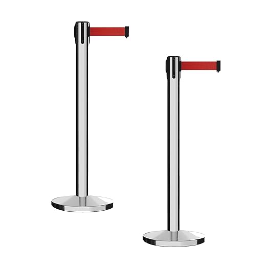 Montour Line MI650 Set of 2 Retractable Belt Barrier Stanchion, Cast Iron Base, Polished Stainless Steel Post (16 ft Red Belt)