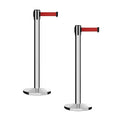 Montour Line MI650 Set of 2 Retractable Belt Barrier Stanchion, Cast Iron Base, Polished Stainless Steel Post (16 ft Red Belt)