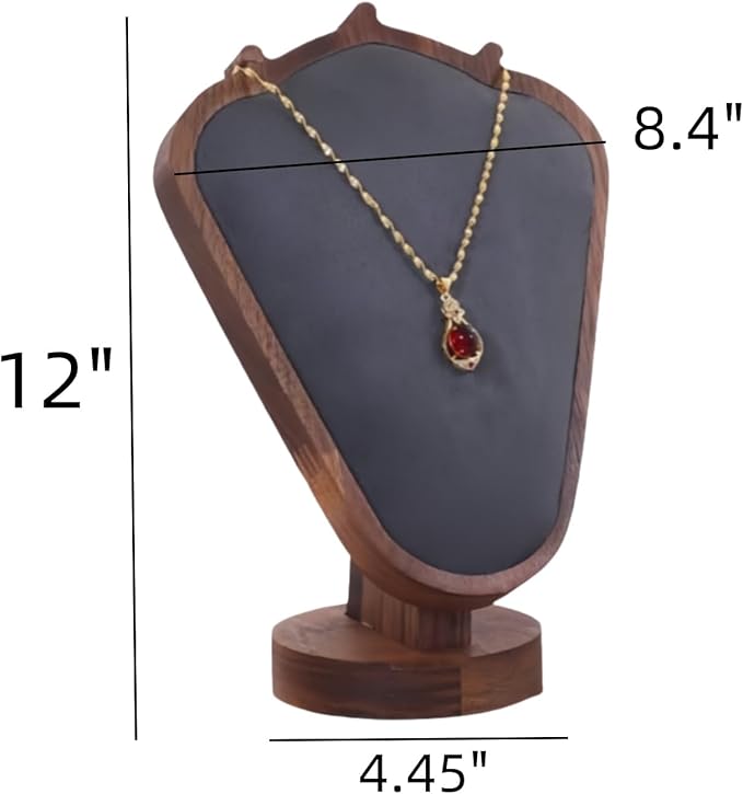 Walnut Color Body Wood Necklace Display Stand with Gray Flannelette Soft Mat Necklace Holder Organizer Desktop Stand for Home Store Dresser-4.45"x8.4"x12"