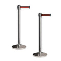 Crowd Control Warehouse CCW Set of 2 Retractable Belt Barriers Stanchion, Polished Stainless Steel Post, RBB-100 (9 Foot Belt, Black Horizontal Red Stripe Belt)
