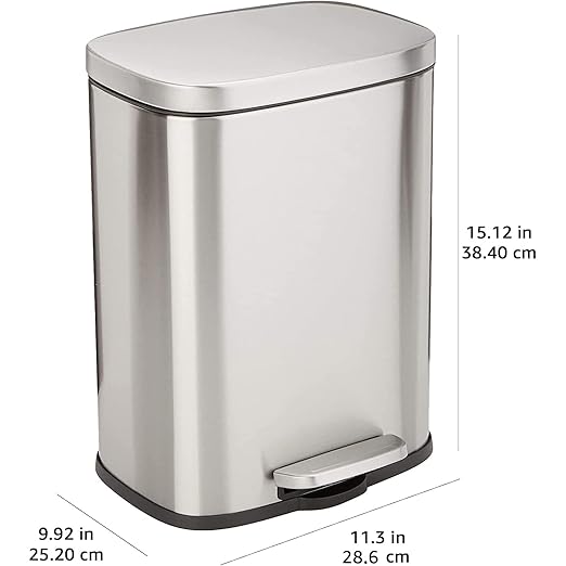 Amazon Basics Smudge Resistant Small Rectangular Trash Can With Soft-Close Foot Pedal, Brushed Stainless Steel, 12L/3.2 Gal, 11.3x9.9x15.1 in, Satin Nickel Finish