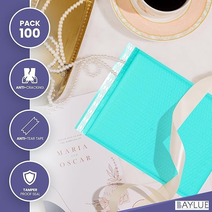 Teal 12.5x19.5 Inch Large Poly Bubble Mailers #6 | Padded Envelopes with Self Seal | Air Lined Cushioned Bubble Mailer | Usable Size 12.5x15 | 100 Pack Bulk | Lightweight shipping Bags