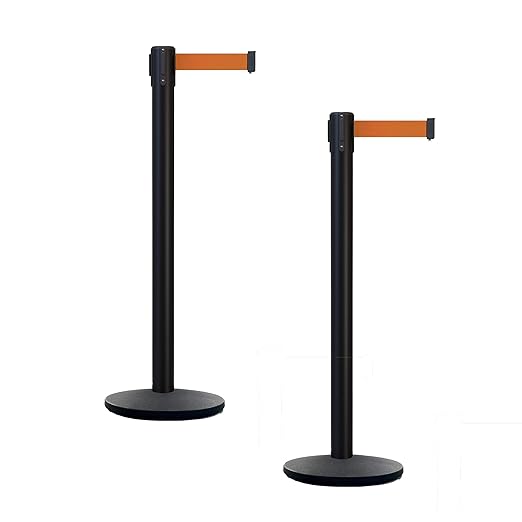 Montour Line MI650 Set of 2 Retractable Belt Barrier Stanchion, Cast Iron Base, Black Powder Coated Steel Post (16 ft Orange Belt)