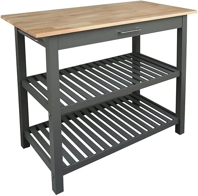 Island Oasis Solid Wood Kitchen Island with Drawer, Stainless Steel Towel Bar and Open Storage Multi-Purpose Prep Table for Home Kitchens Grey and Natural