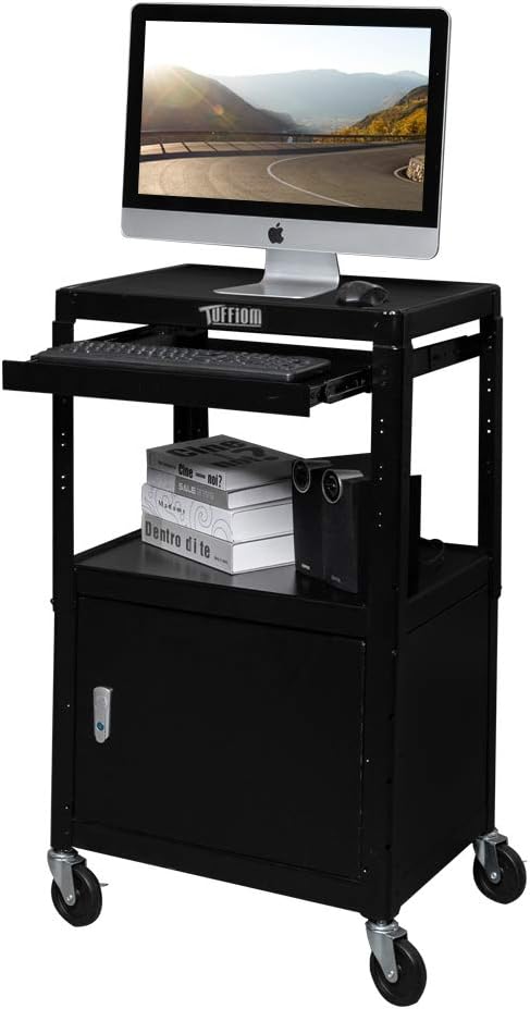 TUFFIOM AV Presentation Cart for Video Projector, Laptop Computer, Mobile Workstation Utility Media Cart for School Classroom Office, Rolling Storage Stand with Locking Cabinet Keyboard Shelf
