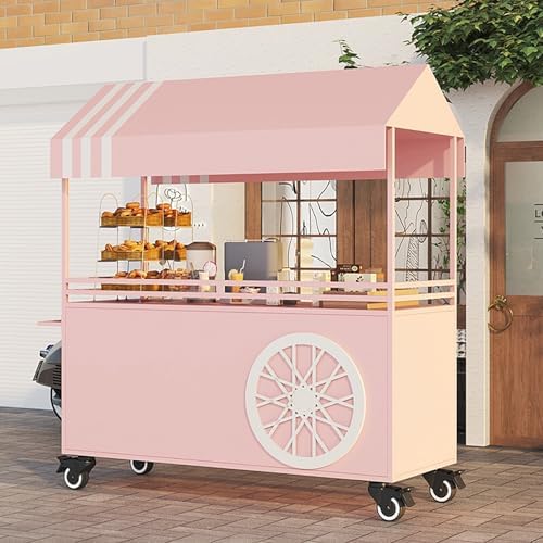 Portable Food Vendor Cart, Commercial Mobile Street Stall for Outdoor Events, Creative Iron Market Stall for Street Food Business (Pink, 140cm/55in)