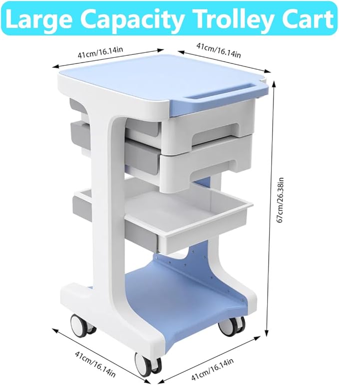 Professional 3-Tier 2-Drawer Salon Trolley Cart with Wheels Utility Cart with Drawers Mobile Storage Cart, Max 50kg/110lb Load, 16.14 * 16.14 * 26.38in (Blue)