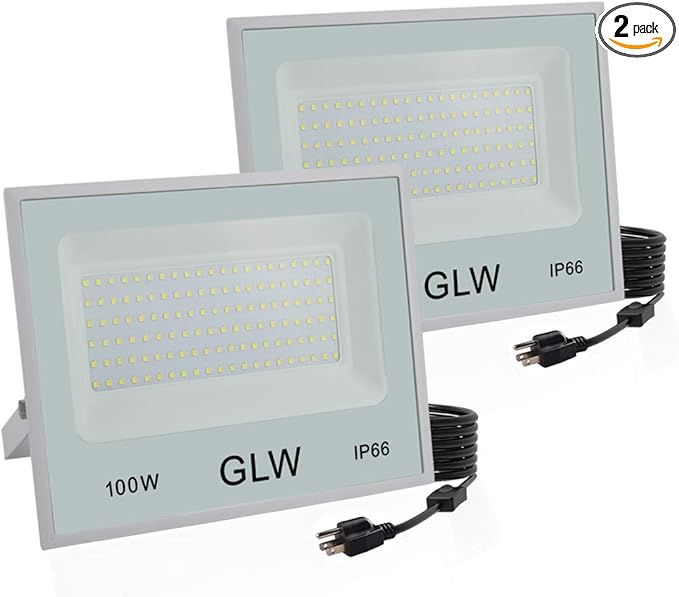 2 Pack 100W LED Flood Lights Outdoor,10000LM Super Bright Work Light,6000k Daylight White Floodlights with Plug,IP66 Waterproof Exterior Security Lights for Playground,Garage,Yard,Backyard