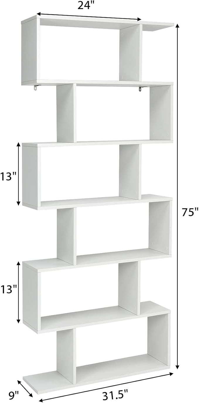 Tangkula 6 Tier S Shaped Bookshelf, 31.5''L x 9''W x 75''H, Wooden Bookcase and Bookshelves w/Anti-Toppling Device, Room Divider Display Shelves for Living Room, Home Decor, 6 Shelf Bookshelf