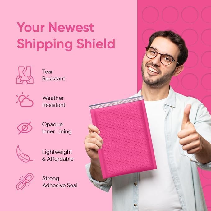 Hot Pink 8.5x14.5 Inch Poly Bubble Mailers #3 | Self Seal Large Padded Envelopes | Air Cushioned Bubble Mailer | Usable Size 8.5x13.5 | Waterproof Lightweight Mailing Shipping Bags | 100 Pack Bulk