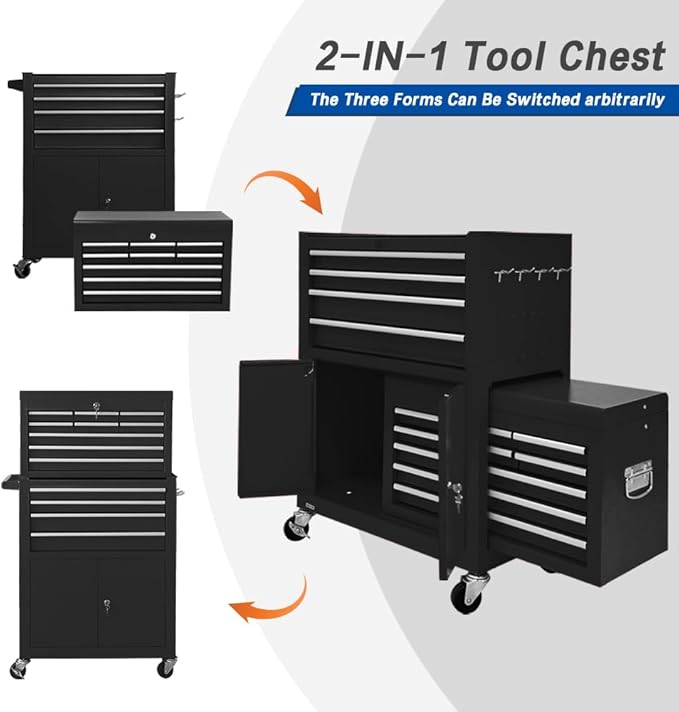 13-Drawer Rolling Tool Chest with Double Door, Extra Large Storage Cabinets with Tool Box, 2-in-1 Detachable Design, 600 lbs Capacity with Lockable Wheels for Garage, Mechanic, Professional & Home Use